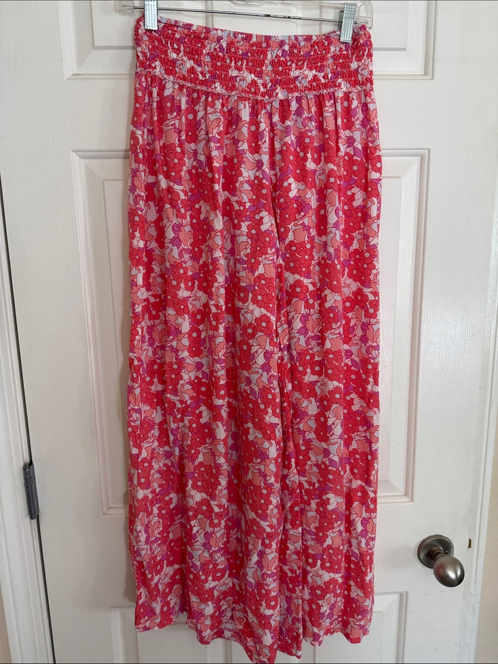 Simply Southern One Size Palazzo Pants Wide Leg Smocked Waist Pink Floral Beach